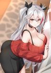  1girl azur_lane bangs bare_shoulders black_choker black_skirt blurry blurry_background bra_strap breasts casual choker cleavage closed_mouth commentary_request eyebrows_visible_through_hair hair_between_eyes hair_ribbon highres huge_breasts j_yak47 leaning_forward miniskirt mole mole_on_breast multicolored_hair nail_polish off_shoulder prinz_eugen_(azur_lane) red_nails red_sweater ribbed_sweater ribbon silver_hair skirt smile streaked_hair sweater two_side_up yellow_eyes 