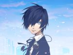  1boy black_hair blue_eyes blue_hair blue_sky blue_theme building cao_hong_anh closed_mouth cloud cloudy_sky dark_blue_moon glowing glowing_eye headphones headphones_around_neck looking_at_viewer male_focus outdoors persona persona_3 petals school_uniform sky smile solo uniform upper_body yuuki_makoto 