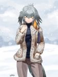  1girl alternate_costume bangs bird_tail black_hair casual closed_mouth commission contemporary day expressionless eyebrows_visible_through_hair fur-trimmed_jacket fur_trim grey_hair hair_between_eyes hair_intakes hand_in_pocket hand_up jacket kemono_friends kikino long_hair long_sleeves looking_at_viewer multicolored_hair open_clothes open_jacket orange_hair outdoors pants shoebill_(kemono_friends) sidelocks signature snow snowing solo sweater tail 