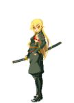  1girl ashikaga_chachamaru blonde_hair dh_ead eyebrows_visible_through_hair full_body holding holding_weapon katana long_hair lowres pixel_art red_eyes scabbard sheath soukou_akki_muramasa sword transparent_background weapon 