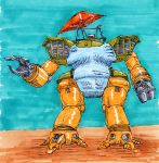  chilidirigible commentary day highres mecha no_humans outdoors sentou_mecha_xabungle standing swimsuit traditional_media umbrella 