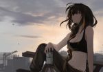  1girl absurdres bare_arms bare_shoulders black_hair black_pants breasts brown_hair can cleavage commentary crop_top girls_frontline grey_eyes highres holding holding_can long_hair m16a1_(girls_frontline) medium_breasts midriff multicolored_hair navel outdoors pants seorang solo sports_bra stomach streaked_hair 