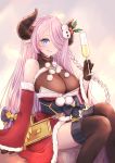  1girl bigeyes925 black_gloves blue_eyes braid breasts champagne_flute cleavage crossed_legs cup detached_sleeves drinking_glass fur_trim gloves granblue_fantasy hair_over_one_eye highres holding holding_cup horns japanese_clothes light_blush light_smile long_hair narmaya_(granblue_fantasy) obi official_alternate_costume one_eye_covered pink_hair pointy_ears santa_costume sash sitting solo thighhighs very_long_hair 