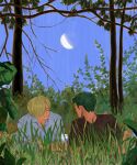  2boys blonde_hair closed_eyes commentary crescent_moon cup drinking_glass facial_hair feleven forest green_hair highres looking_at_another lying moon multiple_boys nature on_back on_stomach one_piece roronoa_zoro sanji short_hair smile symbol-only_commentary tree 