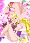  2girls blonde_hair breasts brown_hair cosplay cure_earth cure_grace cure_grace_(cosplay) fuurin_asumi hanadera_yasuko headband healin&#039;_good_precure holding_head kousaka_jun large_breasts multiple_girls no_bra no_panties precure pussy_juice saliva sweat symmetrical_pose tearing_up tiara 