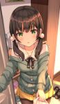  1girl :o bangs black_bow black_hair blurry blurry_background blush bow brown_legwear cardigan collared_shirt commentary_request depth_of_field eyebrows_visible_through_hair green_cardigan green_eyes hair_between_eyes hair_over_shoulder keiran_(ryo170) legwear_under_shorts long_hair long_sleeves looking_at_viewer low_twintails off_shoulder original pantyhose parted_lips shirt short_shorts shorts solo standing sweat twintails white_shirt yellow_shorts 