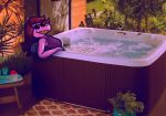  10:7 clothing deltarune eyewear female freckles garden hair hot_tub humanoid kcrtp lizard pink_body pink_scales purple_hair reptile scales scalie smile solo sunglasses susie_(deltarune) swimwear video_games water yellow_teeth 