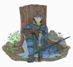  1boy 45liza109 absurdres blue_eyes blue_headband brown_gloves brown_hair cape closed_mouth flik flower gensou_suikoden gloves grass headband highres holding holding_sheath holding_sword holding_weapon huge_filesize male_focus outdoors pink_flower rock scabbard sheath sheathed sitting smile solo sword tree weapon 
