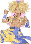  1boy 45liza109 absurdres animal_print armlet bare_shoulders black_sash blonde_hair closed_mouth collarbone dark_skin dark_skinned_male eyebrows_visible_through_hair fur_trim hat highres jewelry kevin_(seiken_densetsu_3) male_focus muscle navel necklace pectorals sash seiken_densetsu seiken_densetsu_3 slit_pupils smile solo tiger_print tooth_necklace twitter_username yellow_eyes 