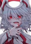  +_+ 1girl blood blood_on_face blood_on_fingers bow capelet dress eyebrows_visible_through_hair eyes_visible_through_hair fall_dommmmmer fangs finger_to_chin hair_between_eyes hat hat_bow highres light_blue_hair long_sleeves open_mouth red_bow red_nails remilia_scarlet short_hair simple_background smile solo symbol-shaped_pupils touhou upper_body wavy_hair white_background white_dress white_headwear 
