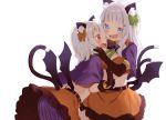  :d animal_ear_fluff animal_ears ass bangs black_gloves black_wings blue_eyes blush bow breasts brown_bow brown_skirt cat_ears cat_girl cat_tail elbow_gloves eye_contact eyebrows_visible_through_hair fangs frilled_skirt frills gloves green_bow hair_bow hair_ornament hairclip hand_on_another&#039;s_face leaning_forward long_hair looking_at_another low_wings muku_(muku-coffee) multiple_tails open_mouth original profile purple_capelet purple_shorts red_eyes sheeney_(muku) shiro_(muku) shorts silver_hair simple_background skirt small_breasts smile striped tail two_tails vertical-striped_shorts vertical_stripes white_background wings 