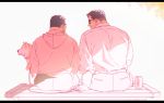  2boys absurdres ass back bara belt brown_hair can collared_shirt couple dog facial_hair from_behind glasses highres hood hoodie light_smile limited_palette looking_at_another lovesheng1314 male_focus multiple_boys muscle original pants partially_colored pink_hoodie shirt short_hair sideburns sitting sketch stubble white_shirt 