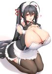 1girl absurdres ahoge azur_lane bangs bare_shoulders black_gloves black_legwear breasts chain chixiao cleavage collar crossed_bangs elbow_gloves eyebrows_visible_through_hair gloves hair_between_eyes hair_ribbon heart highres huge_breasts long_hair looking_at_viewer maid_headdress open_mouth partially_fingerless_gloves red_eyes red_ribbon ribbon simple_background sitting smile solo taihou_(azur_lane) thighhighs tied_hair twintails very_long_hair white_background wrist_cuffs 