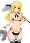  1girl bangs bikini black_bikini black_legwear black_neckwear black_ribbon blonde_hair blush braid breasts bucket commentary_request cowboy_shot detached_collar frilled_bikini frills highleg highleg_bikini highres holding holding_bucket holding_mop kirisame_marisa leg_garter long_hair maid_bikini maid_headdress mop neck_ribbon ribbon side-tie_bikini simple_background single_braid small_breasts solo standing swimsuit thighhighs thighs tokoya_(ex-hetare) touhou white_background yellow_eyes 