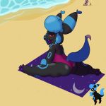  &lt;3 1:1 2020 absurd_res anthro beach bikini black_body black_eyes black_fur blue_freckles blue_hair blue_nose butt clothed clothing digital_media_(artwork) eeveelution fangs female fluffy fluffy_cheeks fluffy_hair freckles fur hair heart_nose hi_res impidimp looking_at_viewer midnight_drawings midnight_umbreon nintendo open_mouth paws pok&eacute;mon pok&eacute;mon_(species) purple_paws red_sclera sand sand_castle sandygast sculpture sea seaside shiny_pok&eacute;mon smile smug smug_face spikes swimwear thick_thighs towel umbreon video_games water watermark 