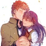  1boy 1girl :d bangs blush brown_jacket closed_eyes collarbone commentary_request creat emiya_shirou fate/stay_night fate_(series) hair_ribbon happy highres holding_hands homurahara_academy_uniform interlocked_fingers jacket long_hair long_sleeves lower_teeth matou_sakura neck_ribbon open_mouth purple_hair red_ribbon ribbon shirt short_hair smile teeth upper_body white_shirt 