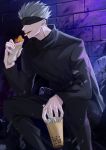  1boy black_jacket black_pants blindfold blood blood_splatter bubble_tea covered_eyes cup drinking_straw eating feet_out_of_frame food gojou_satoru hand_up high_collar highres holding holding_cup holding_food jacket jujutsu_kaisen kyuu_(chiu850513) long_sleeves male_focus night open_mouth pants short_hair smile solo squatting white_hair 