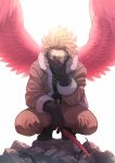  1boy belt black_footwear black_gloves black_shirt blonde_hair boku_no_hero_academia boots brown_jacket brown_pants feathered_wings feathers full_body fur_trim gloves goggles hand_over_face hawks_(boku_no_hero_academia) highres holding holding_feather jacket long_sleeves looking_at_viewer male_focus pants red_wings rubble shirt short_hair simple_background solo spiked_hair squatting tsuu_(tu3_f) white_background wings yellow_eyes 