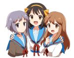  3girls asahina_mikuru bangs brown_eyes brown_hair brown_shirt closed_mouth commentary_request eyebrows_visible_through_hair grey_eyes grey_hair hairband hand_on_another&#039;s_shoulder hand_up haruhi_(xy161027z) long_hair looking_at_viewer multiple_girls nagato_yuki open_mouth orange_hairband red_ribbon ribbon sailor_collar school_uniform shirt short_hair sidelocks simple_background smile suzumiya_haruhi suzumiya_haruhi_no_yuuutsu tongue upper_body white_background white_shirt 