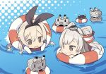  &gt;_&lt; 2girls :3 :d amatsukaze_(kantai_collection) anchor_hair_ornament black_hairband blade_(galaxist) blonde_hair blush blush_stickers brown_eyes chibi commentary_request elbow_gloves gloves hair_ornament hair_tubes hairband halftone halftone_background innertube kantai_collection lifebuoy long_hair multiple_girls o_o open_mouth partially_submerged rensouhou-chan rensouhou-kun shimakaze_(kantai_collection) silver_hair smile turret two_side_up upside-down water white_gloves |_| 