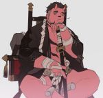  1boy :/ bandages bara beard brown_hair colored_skin crossed_legs demon_boy facial_hair fang horns japanese_clothes katana kimono lovesheng1314 male_focus muscle oni oni_horns open_clothes open_kimono original plump red_eyes red_oni red_skin short_hair solo sword thick_thighs thighs weapon 