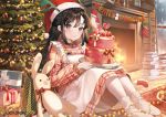  black_hair book bunny christmas dress fire kinty long_hair original purple_eyes tree 