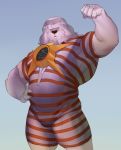  1boy alternate_costume animal_ears bara belly bulge cowboy_shot facial_hair fate/grand_order fate_(series) flexing furry hand_on_hip lion_boy lion_ears lion_hair lovesheng1314 male_focus muscle plump pose short_hair skin_tight solo star_(symbol) striped_bodysuit summer thick_thighs thighs thomas_edison_(fate/grand_order) white_fur white_hair 