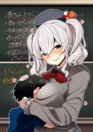  1boy 1girl bangs beret between_breasts black_eyes black_hair blue_shirt blush breasts chalkboard child grey_shirt hair_between_eyes hand_on_another&#039;s_head hat head_between_breasts heart highres kantai_collection kashima_(kantai_collection) large_breasts long_hair long_sleeves matetsu_(nakayoshi_sanfujinka) red_neckwear shirt sidelocks silver_hair smile sweat twintails 