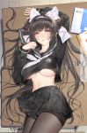  1girl animal_ears arm_up azur_lane bangs black_hair black_legwear black_sailor_collar black_serafuku black_shirt black_skirt blush book bow breasts commentary_request desk eyebrows_visible_through_hair from_above hair_bow hairband highres large_breasts long_hair long_sleeves looking_at_viewer looking_up lying miniskirt navel neckerchief no_bra on_back on_table pantyhose parted_lips pleated_skirt sailor_collar school_desk school_uniform serafuku shirt skirt smile solo table takao_(academy_romantica)_(azur_lane) takao_(azur_lane) thighband_pantyhose underboob very_long_hair white_bow white_hairband white_neckwear yellow_eyes yi_dianxia 