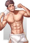  1boy abs bara blush brown_hair bulge cowboy_shot facial_mark greenteaa highres itadori_yuuji jujutsu_kaisen looking_at_viewer male_focus naked_towel navel nipples pectorals pink_hair short_hair smile solo spiked_hair toned toned_male towel towel_around_neck towel_around_waist undercut 