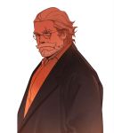  1boy alternate_costume beard blue_eyes casual collared_shirt facial_hair looking_at_viewer lovesheng1314 male_focus medium_hair mustache no_pupils overwatch reinhardt_(overwatch) scar scar_across_eye shirt smile solo upper_body white_background 