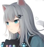  1girl amashiro_natsuki animal_ears bangs blue_eyes cat_ears cat_girl cat_tail closed_mouth commentary face grey_hair hair_ornament hairclip heart holding long_hair nacho_(amashiro_natsuki) original shirt smile solo stuffed_animal stuffed_toy tail 