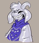  2020 ambiguous_gender anthro asriel_dreemurr asriel_dreemurr_(god_form) banderi biped black_sclera boss_monster bovid caprine clothed clothing costume delta_rune_(emblem) digital_drawing_(artwork) digital_media_(artwork) english_text glistening goat grey_background horn long_ears looking_at_viewer mammal markings painted-on_face painted-on_mouth rubber simple_background solo symbol text undertale video_games white_body 