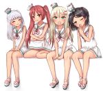  4girls ;o bangs bare_arms bare_legs bare_shoulders black_hair blunt_bangs blush bow covering_mouth dress dress_lift eyebrows_visible_through_hair grecale_(kantai_collection) green_eyes hair_bow hair_ornament hair_ribbon hairclip highres kantai_collection libeccio_(kantai_collection) lifted_by_self long_hair looking_at_viewer maestrale_(kantai_collection) mole mole_under_eye multiple_girls neckerchief one_eye_closed open_mouth panties pink_bow pink_ribbon red_eyes red_hair ribbon sailor_dress scirocco_(kantai_collection) short_hair silver_hair simple_background sitting sleeveless sleeveless_dress striped striped_footwear striped_neckwear striped_panties tears tiemu_(man190) twintails two_side_up underwear v-shaped_eyebrows wariza white_background white_dress white_headwear yawning yellow_eyes 