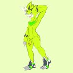  1:1 absurd_res anthro clothing digimon footwear footwear_only genitals half-erect hi_res horn looking_at_viewer male matidramon mostly_nude nude penis pose pulsemon raised_arm scalie shoes shoes_only solo standing 