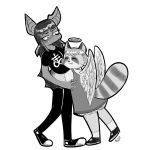  1:1 angel anthro bat_wings blush chiropteran clothed clothing demon duo eyes_closed feathered_wings feathers female female/female footwear gglitterggal greyscale halo hi_res hug isolee larger_female mammal membrane_(anatomy) membranous_wings monochrome procyonid raccoon salvie shoes size_difference smaller_female smile sneakers tsundere winged_arms wings 