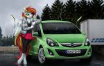  absurd_res anthro autumn car clothing diamond_(disambiguation) equid equine female hasbro hi_res horse looking_at_another mammal my_little_pony opel pegasus pony pony-way solo sun vehicle wings 