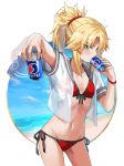  1girl afterimage bangs beach bikini blue_sky blush braid brand_name_imitation breasts can collarbone drinking fate/grand_order fate_(series) french_braid green_eyes hair_ornament hair_scrunchie highres long_hair looking_at_viewer mordred_(fate)_(all) mordred_(swimsuit_rider)_(fate) navel open_clothes open_shirt parted_bangs pepsi ponytail red_bikini red_scrunchie sailor_collar scrunchie shirt shore short_sleeves sidelocks sky small_breasts soda_can swimsuit thighs tonee white_shirt 