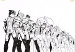  6+boys absurdres character_request dusk eyeshield_21 football_helmet football_uniform gloves greyscale grin group_picture hands_on_hips headwear_removed helmet helmet_removed highres hiruma_youichi juumonji_kazuki kobayakawa_sena komusubi_daikichi kurita_ryokan kuroki_kouji lineup male_focus manly monochrome multiple_boys murata_yuusuke omosadake_futoshi raimon_tarou satake_yohei scan shoulder_pads simple_background smile spiked_hair sportswear taki_natsuhiko toganou_shouzou traditional_media white_background yamaoka_kenta 