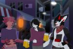  3:2 alcohol anthro beer beverage canid canine canis cat_dragon chimera city dark domestic_dog friends girly group hands_on_hip hi_res holding_belly husky izanagi_rockman keow laugh male mammal night nordic_sled_dog outside rivey_ravenheart sorubaphomet spitz 