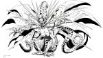  absurdres extra_arms extra_breasts greyscale highres looking_at_viewer monochrome monster murata_yuusuke nipples no_humans open_mouth satan_(shin_megami_tensei) shin_megami_tensei signature simple_background tentacles white_background wings 