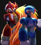  2boys absurdres android back-to-back black_background blonde_hair capcom clenched_hands green_eyes helmet highres hoshi_mikan long_hair male_focus multiple_boys ponytail rockman rockman_x simple_background very_long_hair x_(rockman) zero_(rockman) 
