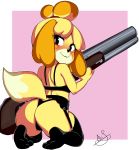  2020 absurd_res animal_crossing anthro arilopez550 black_bra black_clothing black_panties black_underwear bra canid canine canis clothed clothing domestic_dog female full-length_portrait garter_straps gun hi_res holding_gun holding_object holding_weapon isabelle_(animal_crossing) kneeling legwear looking_at_viewer looking_back looking_back_at_viewer mammal nintendo panties pinup portrait pose ranged_weapon rear_view shih_tzu shotgun solo stockings toy_dog underwear underwear_only video_games weapon 