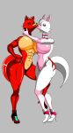  absurd_res alcatras45 animatronic anthro big_breasts big_butt breasts butt canid canine digital_media_(artwork) duo eye_patch eyewear female female/female five_nights_at_freddy&#039;s five_nights_at_freddy&#039;s_2 fox foxy_(fnaf) green_eyes group hair hi_res human humanoid machine mammal mangle_(fnaf) not_furry robot simple_background smile video_games 