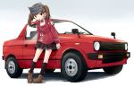  1girl bangs black_skirt brown_eyes brown_footwear brown_hair car collared_shirt commentary double_horizontal_stripe gradient gradient_background grey_background grey_hair ground_vehicle japanese_clothes kakizaki_(chou_neji) kantai_collection kneehighs leaning_against_vehicle leaning_forward long_sleeves looking_at_viewer magatama medium_hair miniskirt motor_vehicle open_mouth pleated_skirt red_shirt ryuujou_(kantai_collection) shadow shirt skirt solo suzuki_mighty_boy twintails visor_cap 