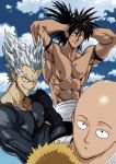  3boys abs absurdres anime_coloring bald blue_eyes blue_sky bodysuit brown_hair closed_mouth cloud cloudy_sky crossed_arms garou_(one-punch_man) grey_hair grin highres looking_at_viewer multiple_boys murata_yuusuke muscle nipples official_art one-punch_man pointy_hair saitama_(one-punch_man) sanpaku sash shirtless sky smile suiryuu_(one-punch_man) wig yellow_eyes 