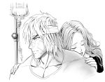  1boy 1girl absurdres bandaged_head bandages bandaid bandaid_on_cheek bandaid_on_nose character_request check_character closed_mouth eliza_masters fingernails greyscale highres intravenous_drip ken_masters medium_hair monochrome murata_yuusuke muscle shirt simple_background smile street_fighter tears traditional_media white_background 