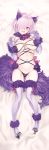  1girl animal_ears bed_sheet blush boots cat_ears cat_tail claws dakimakura_(medium) elbow_gloves fate/grand_order fate_(series) gloves hair_over_one_eye highres light_purple_hair looking_at_viewer mash_kyrielight navel nishieda purple_eyes short_hair solo tail thigh_boots thighhighs 