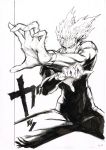  1boy absurdres bodysuit cowboy_shot fighting_stance fingernails foreshortening frown garou_(one-punch_man) greyscale highres legs_apart male_focus monochrome murata_yuusuke numbered official_art one-punch_man pointy_ears sanpaku scan solo traditional_media veins 