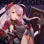  1girl antenna_hair azur_lane bangs black_gloves black_legwear breasts brown_eyes character_name eyebrows_visible_through_hair finger_to_mouth floating_hair garter_straps gloves hair_between_eyes head_tilt headgear highres iron_cross lave2600 long_hair long_sleeves looking_at_viewer machinery medium_breasts mole mole_on_breast multicolored_hair prinz_eugen_(azur_lane) red_hair rigging silver_hair solo streaked_hair swept_bangs thighhighs thighs two_side_up vector_trace very_long_hair 